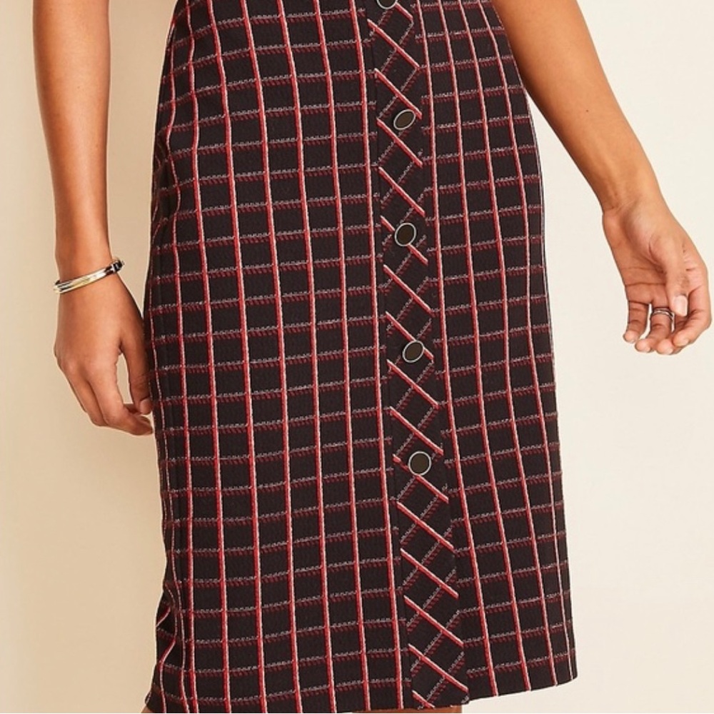 Ann Taylor Plaid Tweed Pencil Midi Skirt Black Red Button Detail Size M